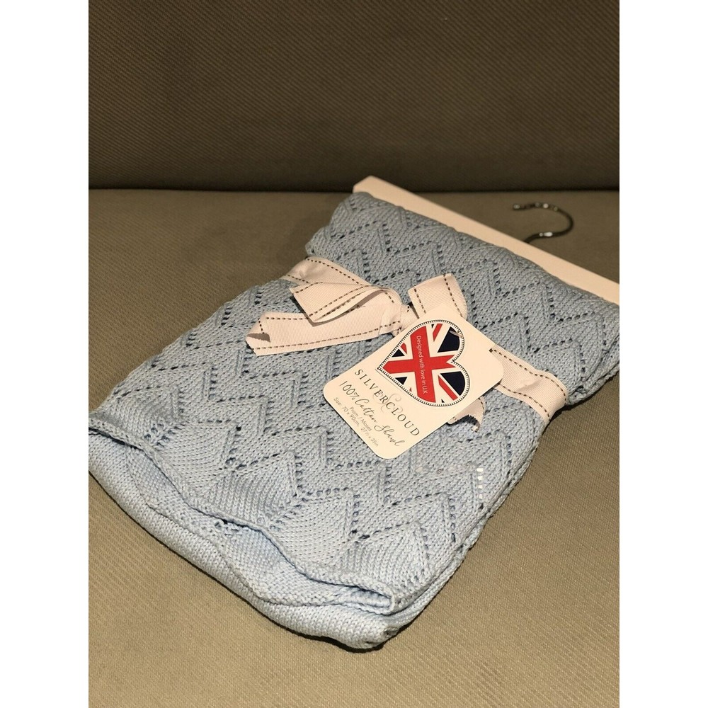 Silver Cloud Cotton Knit Baby Boy Blanket Soft & Warm Blue NEW
